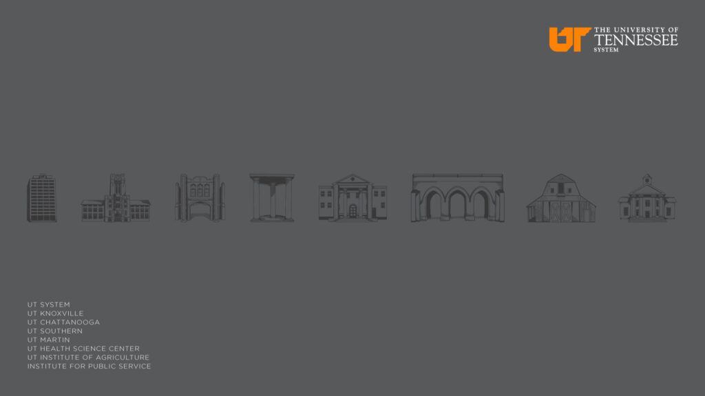 Gray background with illustrations of UT campuses, UT System logo and list of UT campuses and institutes.